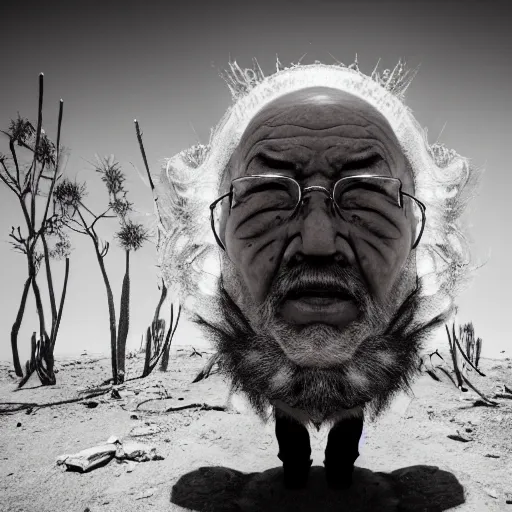 Image similar to mysterious floating old asian man with beard, full face silver occult mask, glowing eyes, wearing a great fractal wooden stick, smoke around him, in the dry rock desert, cinematic shot, wide angle, desert background, volumetric lighting, award winning photography, 8k, in the style of David Lynch, Alejandro Jodorowsky and Gaspar Noe