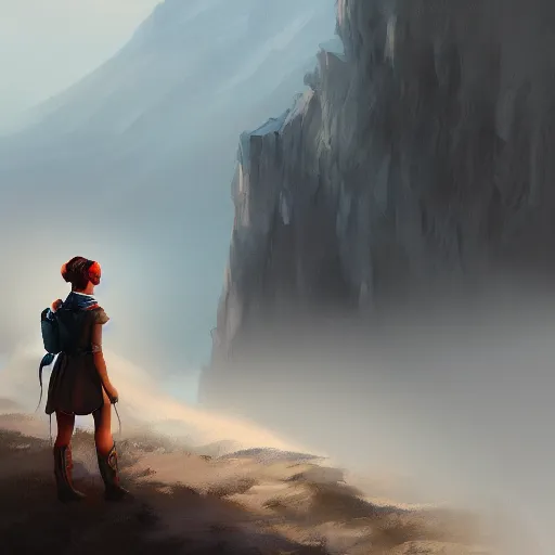 Image similar to digital portrait painting of an adventurer woman facing away from the camera, looking at cliffs and mountains in the distant fog, trending on artstation, cgsociety