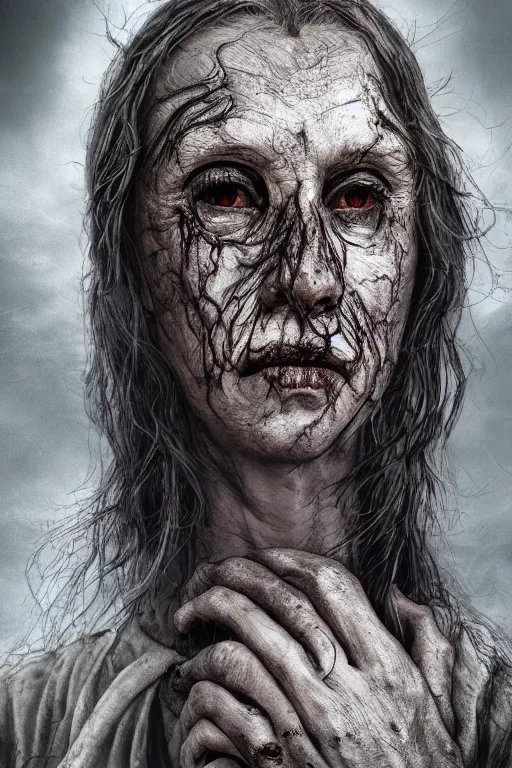 Image similar to middle aged woman with pustules, sad eyes, medieval clothing, lord of the rings style, highly detailed digital art, creepy atmosphere, overcast weather, trending on artstation