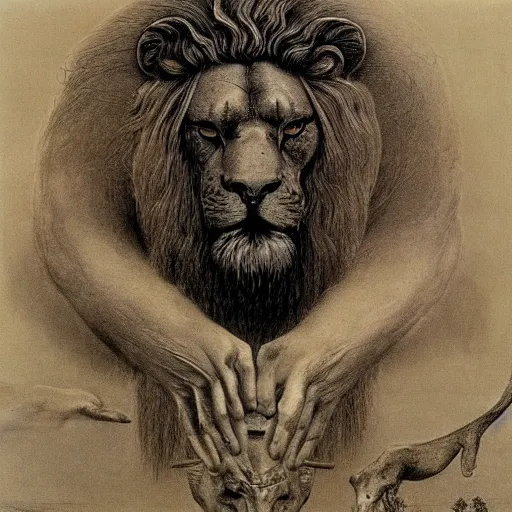 Prompt: god with with four faces : man, lion, eagle, bull. drawn by zdzislaw beksinski