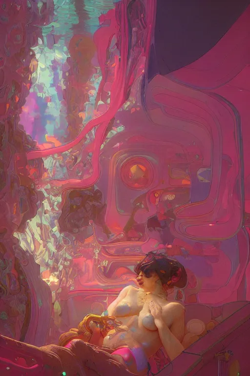 Image similar to interior of a Stomach Sensory deprivation tank filled with glowing pink water, Cross section, Claustrophobic, seapunk Mecha , vaporwave , digital art, artstation, by WLOP, Ilya repin, alphonse mucha., Very highly detailed 8K, octane, Digital painting, the golden ratio,