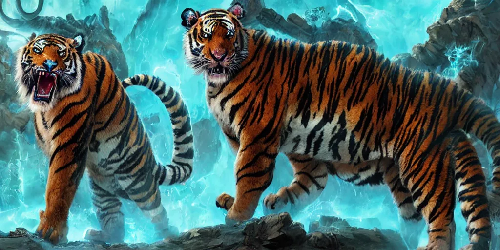 Image similar to Ghostly tiger made out of turquoise energy creature character design sheet, Monster Hunter Illustrations art book, Bright sparks, claws, huge sabertooth fangs, Moebius, Greg Rutkowski, Zabrocki, Karlkka, Jayison Devadas, Phuoc Quan, trending on Artstation, 8K, ultra wide angle, zenith view, pincushion lens effect.