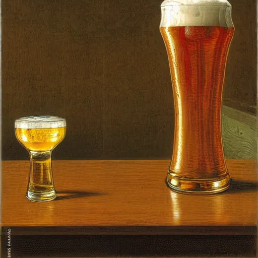 Prompt: A pint of beer sitting on a bar, by Johfra Bosschart