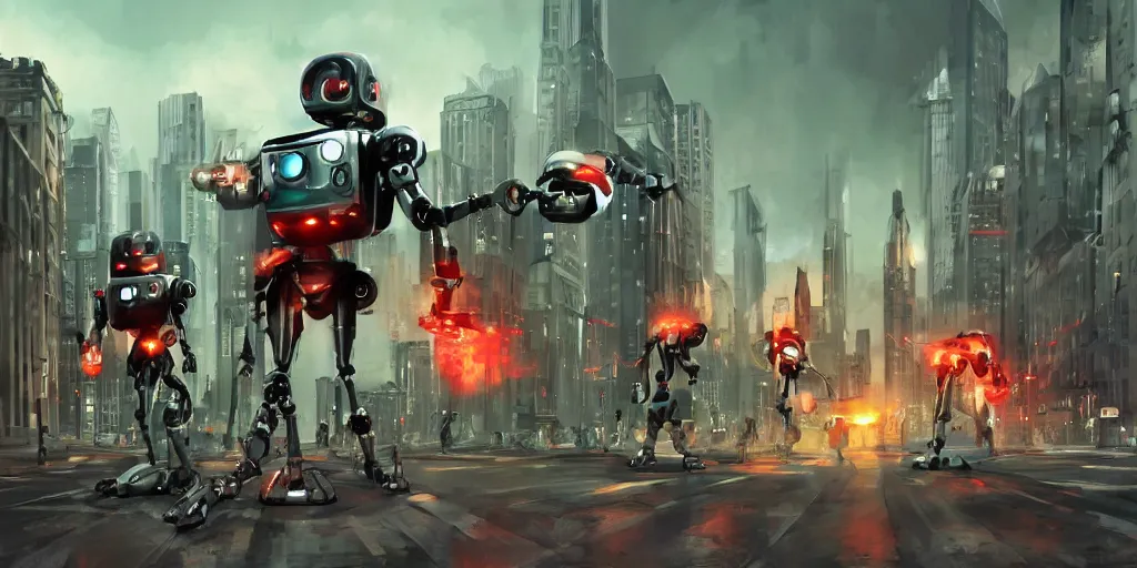 Image similar to evil robots taking over the city, cinematic, concept art, action poses