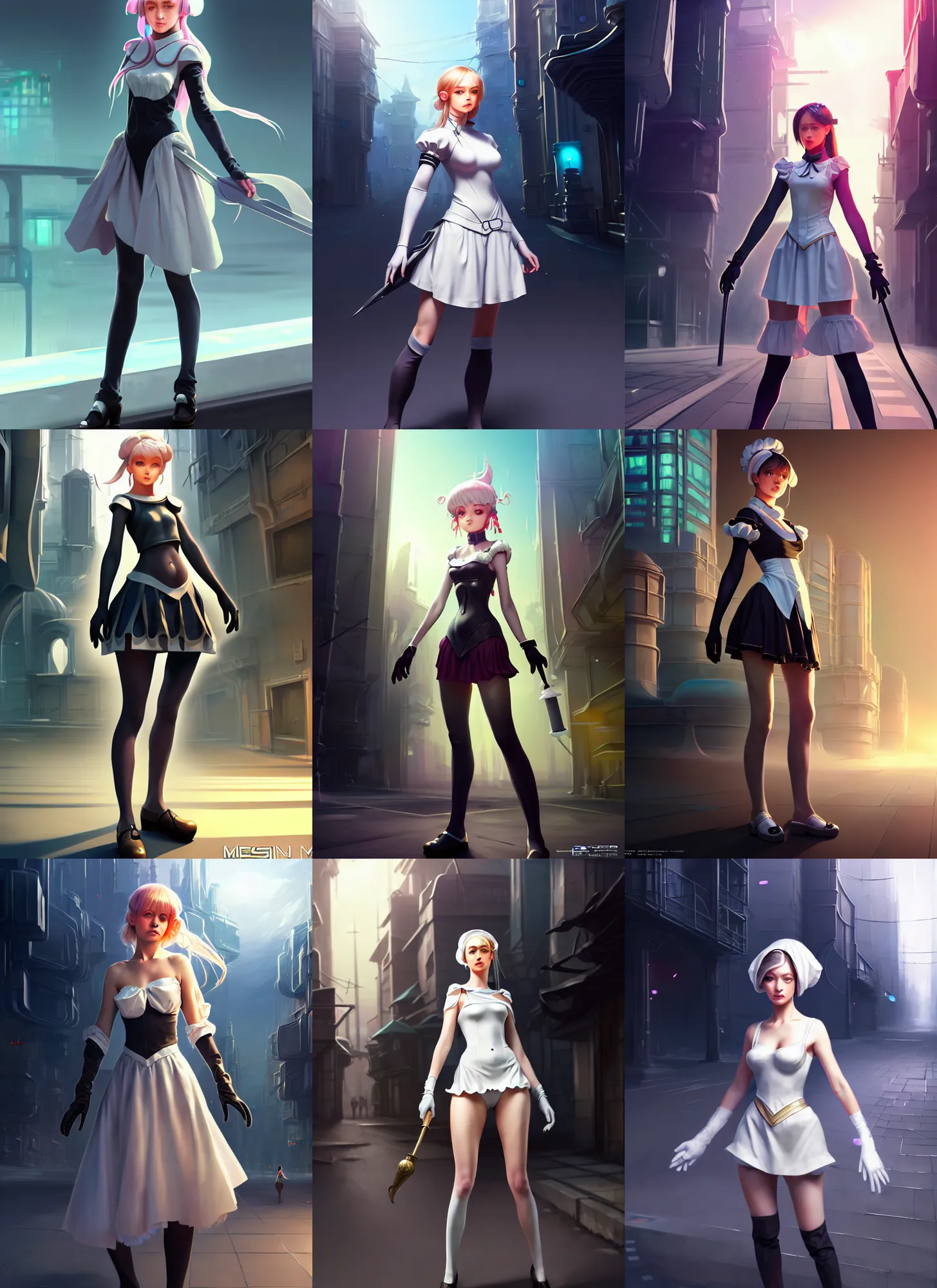 Prompt: costume design from mercedes designers, sophisticated composition, old masters light composition, procedurally generated, epic maid girl character posing for concept art, futuristic city streets behind her, substance designer, PBR, HD, Ultra detailed, hyperrealistic, megascans, volumetric light, concept by master artist, made in paint tool SAI2, trending pixiv face