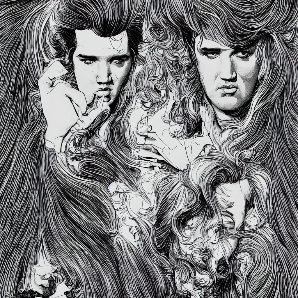 Image similar to elvis presley, style of moebius, james jean, mcbess, glowing ethereal hair, cinematic, highly detailed, award winning, 8 k photorealistic