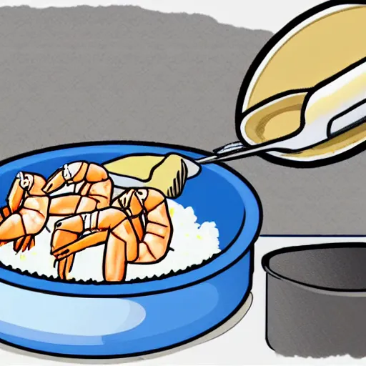 Image similar to a cartoon style shrimp in the kitchen frying rice, cartoon,