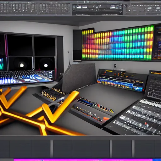 Prompt: Virtual Reality music studio Ableton Live theme concept, raytracing, highly detailed, futuristic, unreal engine 5, photoscan