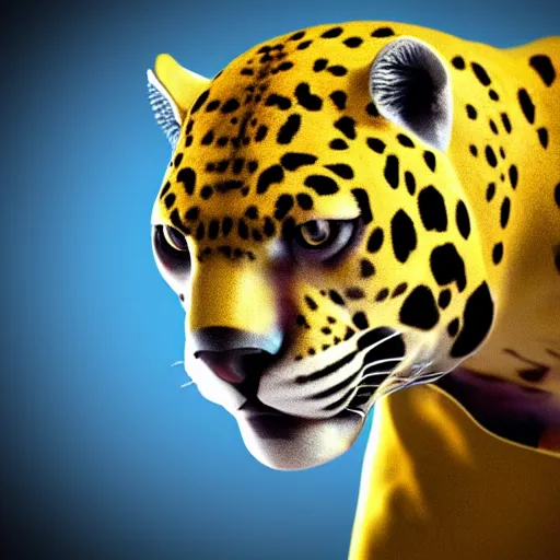 Image similar to golden jaguar with glowing blue eyes, octane render