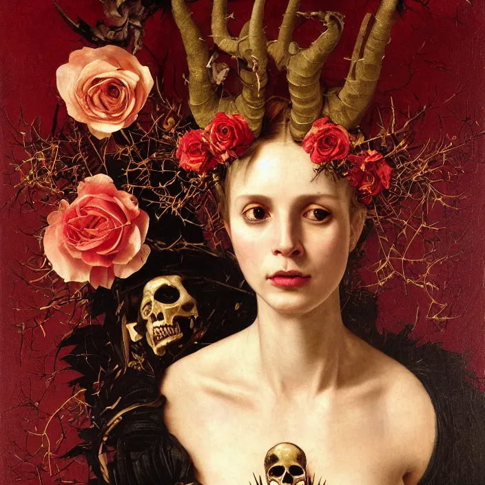 Prompt: portrait of a woman with a golden skull mask on face, a wreath of thorns, a dress of bones and roses, horns, snakes, smoke, flames, full-length, oil painting in a renaissance style , very detailed, red background, painted by Caravaggio, Greg rutkowski, Sachin Teng, Thomas Kindkade, Alphonse Mucha, Norman Rockwell, Tom Bagshaw.