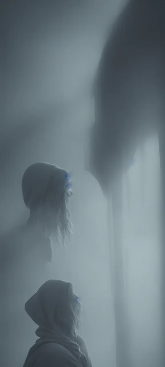 Image similar to very very beautiful mysterious profile photograph of emily skinner looking like annie leonhart in a hoodie standing next to a window god rays shining on her from the sunlight, volumetric fog, smoke, depth of field, beautiful composition, very very very beautifull face, on artstation and instagram, ray tracing