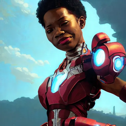 Image similar to highly detailed an african american woman in with the ironman suit from the future gta v, stephen bliss, unreal engine, fantasy art by greg rutkowski, loish, rhads, ferdinand knab, makoto shinkai and lois van baarle, ilya kuvshinov, rossdraws, tom bagshaw, global illumination, radiant light, detailed and intricate environment