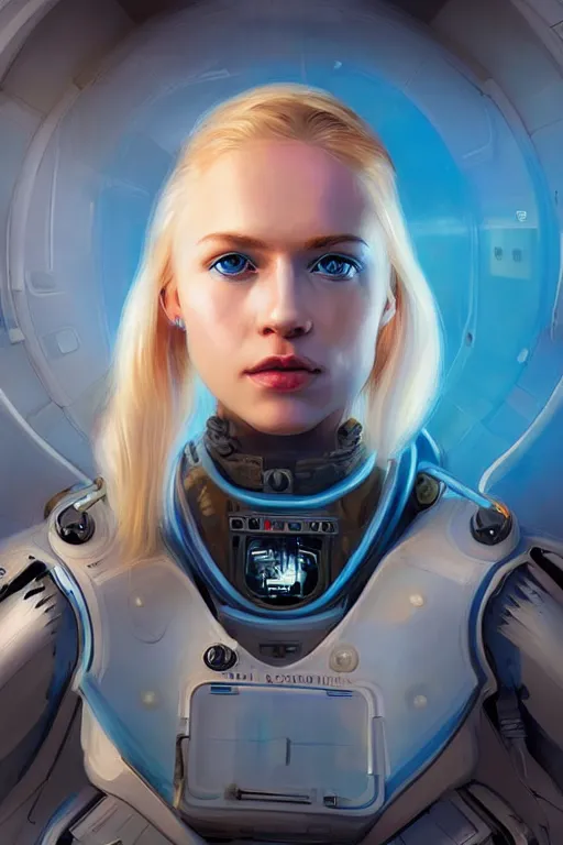 Prompt: portrait futuristic beautiful northern europe Airforce armored pilot Girl, blonde hair, blue eyes, at inside of future fighter aircraft, ssci-fi, fantasy, intricate, very very beautiful, elegant, human anatomy, neon light, highly detailed, digital painting, artstation, concept art, soft light, smooth, sharp focus, illustration, art by tian zi and WLOP and alphonse mucha