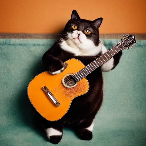 Image similar to cute fat cat playing guitar, studio photography