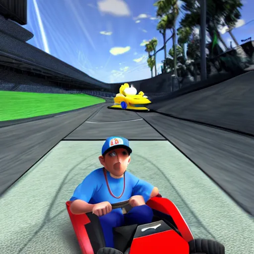 Image similar to video game screenshot of eminem in mario kart