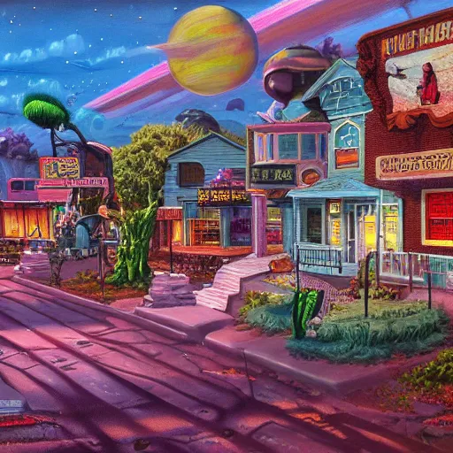 Image similar to 5 0 s tract home suburb on ancient post - apocalyptic planet, jim henson creature shop, vivid and colorful, thomas kincaid, cinematic, oil painting, highly detailed, illustration