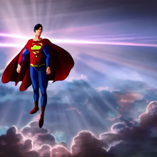 Image similar to a cinematic anime painting of superman stood on the roof of an abandoned cathedral, his face is lit by a strong beam of light shining in through a crack in the clouds, 8 k, movie still, wide angle