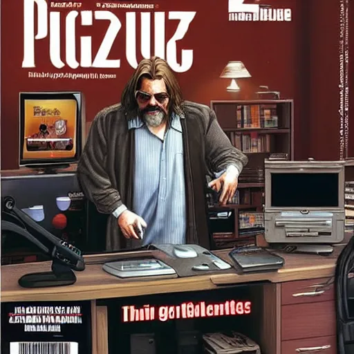 Prompt: “The Dude from The Big Lebowski playing video games on his high tech computer desk, photorealistic, magazine cover, pop culture”