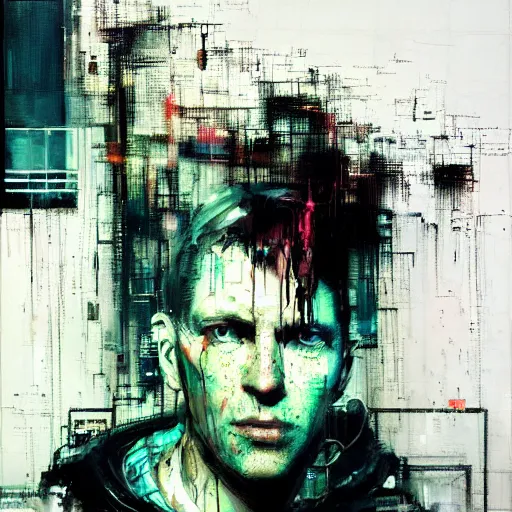 Prompt: portrait of a cyberpunk, wires, machines, in a dark future city by jeremy mann, francis bacon and agnes cecile, ink drips, paint smears, digital glitches glitchart