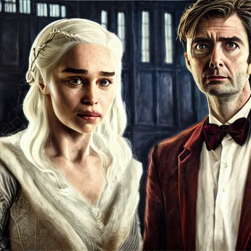 Image similar to daenerys targaryen with david tennant as tenth doctor who in tavern, highly detailed, sharp focus, digital art, defined facial features, symmetrical facial features, close up, art by greg rutkowski