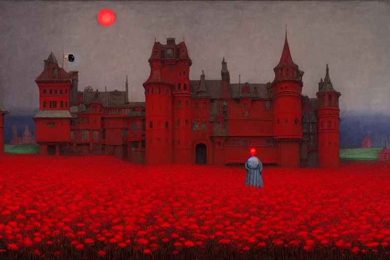 Image similar to only with red, red flowers of different types, red castle in background, red medieval goblins, in the style of beksinski, parts by edward hopper, parts by rodcenko, parts by yue minjun, intricate and epic composition, red by caravaggio, insanely quality, highly detailed, masterpiece, red light, artstation, 4 k