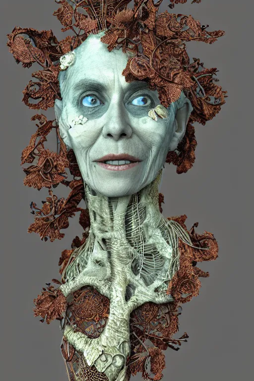 Prompt: complex 3d render ultra detailed of a beautiful dark dirty cracked porcelain old woman face, rusty biomechanical cyborg, analog, 150 mm lens, beautiful natural soft rim light, big leaves and stems, roots, fine foliage lace, turquoise gold details, Alexander Mcqueen high fashion haute couture, art nouveau fashion embroidered, steampunk, intricate details, mesh wire, mandelbrot fractal, anatomical, facial muscles, cable wires, microchip, elegant, hyper realistic, dark background, ultra detailed, octane render, volumetric lighting, 8k post-production