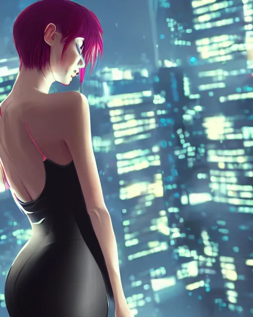 Image similar to back of young woman wearing a stylish black minidress looking through a penthouse window at a panoramic view of a cyberpunk city at night, bokeh lights, anime, ilya kuvshinov, guweiz, artstation trending, concept art, digital painting, cinematic, extreme detail, expansive