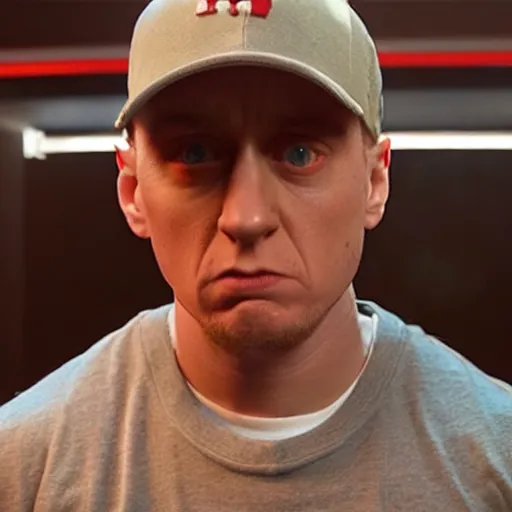 Prompt: still of an award - winning movie of eminem in a rap battle against a chocolate m & m, hyperdetailed, hdr, studio lighting, studio quality effects, epic!!!!!!