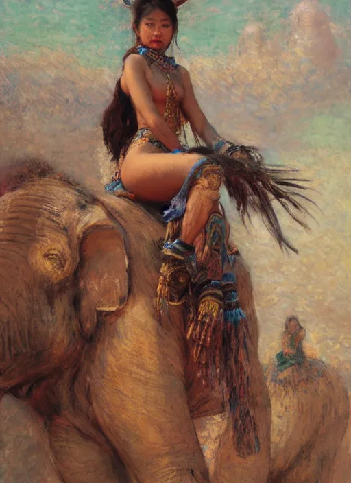 Image similar to portrait of the tribal ethnic asian female, sitting on top of a war elephante poses by gaston bussiere, anna nikonova aka newmilky, greg rutkowski, yoji shinkawa, yoshitaka amano, tsutomu niehi, impressionism, monet,