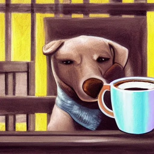 Prompt: a dog with arms drinking a cup of coffee in a burning room, colorful