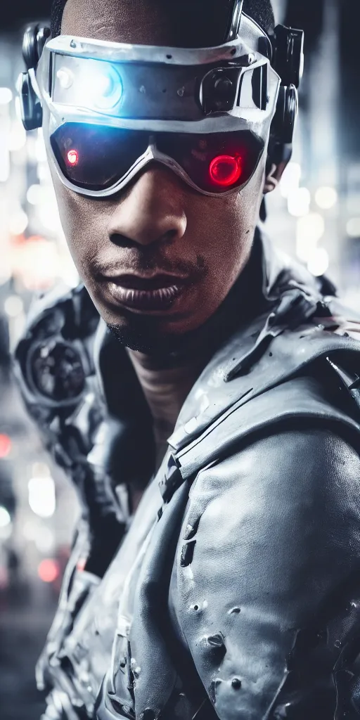 Prompt: hero angle of cyberpunk Ludacris, highly detailed, sharp focus, cyberpunk style, cyborg, futuristic, 8k, 35mm, cinematic lighting