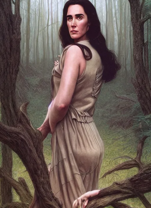 Image similar to portrait of jennifer connelly in woods looking for her friends, twin peaks poster art, from scene from twin peaks, by michael whelan, rossetti bouguereau, artgerm, retro, nostalgic, old fashioned