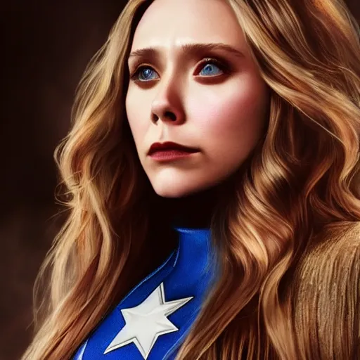 Prompt: Photorealistic art of Elizabeth Olsen as Captain America, full body, action shot, high definition, cinematic, realistic