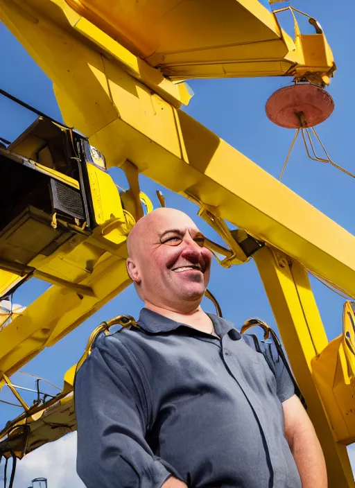 Prompt: closeup portrait of cheerful homer simpson as a crane operator, yellow hardhat, sitting in a crane, natural light, bloom, detailed face, magazine, press, photo, steve mccurry, david lazar, canon, nikon, focus