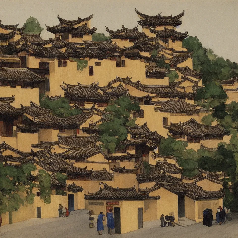 Image similar to a painting of hongcun ancient village houses by edward hopper