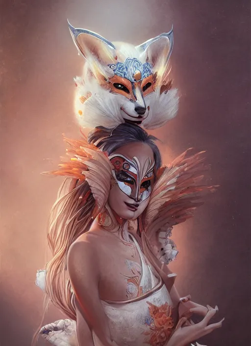 Image similar to a beautiful detailed oil on copper art illustration of a japanese kitsune mask woman, centered, by charlie bowater, zeng fanzh, trending on artstation, dim dusk lighting, cinematic lighting, detailed lighting, volumetric lighting, realistic, f 8, 4 k hd wallpaper