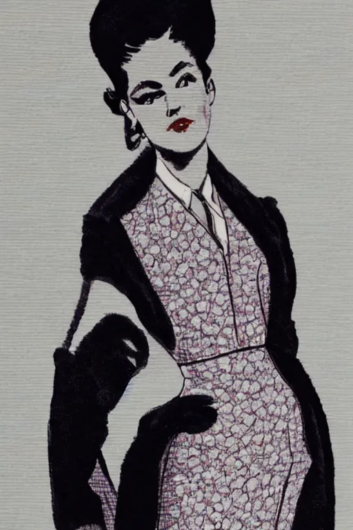 Image similar to a detailed high fashion woman wearing a mid century outfit