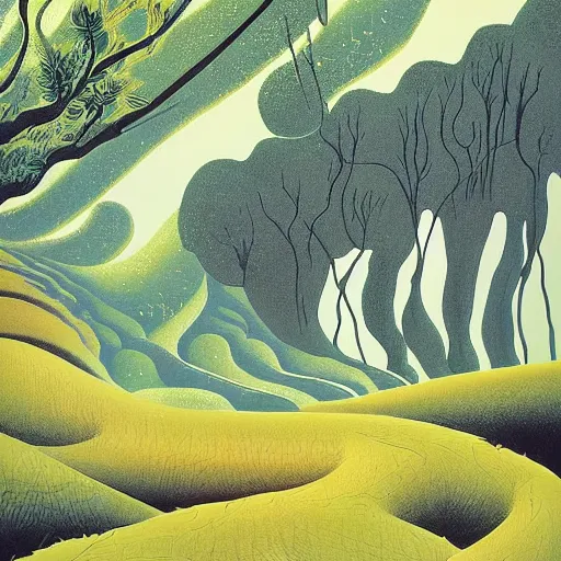 Image similar to painting of a lush natural scene on an alien planet by eyvind earle. magical realism. beautiful landscape. weird vegetation. cliffs and water.