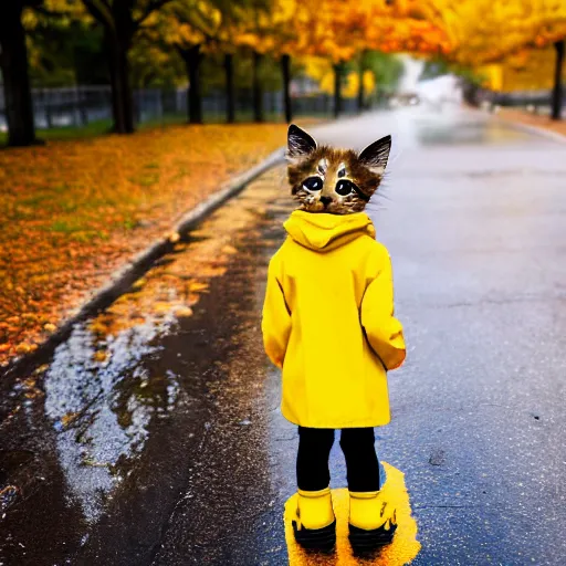 Prompt: anthropomorphic cute kitten wearing a yellow raincoat and yellow boots and red backpack standing next to a schoolbus on the first day of kindergarten, with colorful fall leaves and light rain, critical moment photograph