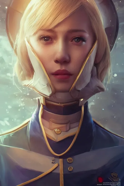 Prompt: beautiful portrait of a female officer wearing a fancy naval uniform, art by wlop and artgerm, science fiction, intricate detail, blonde hair, space background, trending on artstation, sharp focus, illustration, caustics, octane render, radiant light, 4 k