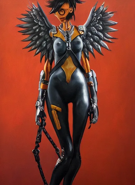 Image similar to full body artwork of tracer overwatch, wearing leather outfit, in style of zdzisław beksinski, angel wings, dramatic painting, wearing detailed steel collar, black shiny armor, chains, black harness, detailed face and eyes,