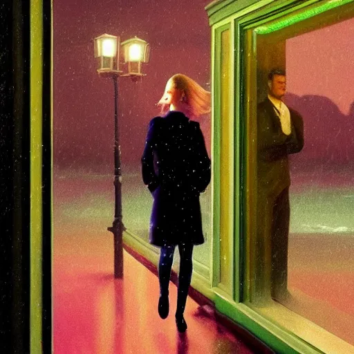 Image similar to Elle Fanning walking through LSD dream simulator in the world of Edward Hopper, stormy snowy weather, streetlights, extremely detailed masterpiece, oil on canvas, low-key neon lighting, artstation, Blade Runner 2049, Roger Deakin’s cinematography, by J. C. Leyendecker and Peter Paul Rubens,