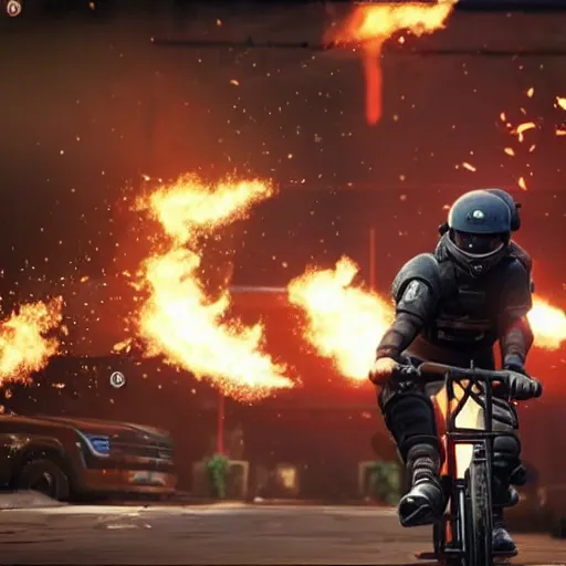 Prompt: Montagne from Rainbow Six Siege riding a bike leaving behind a trail of flames and explosions