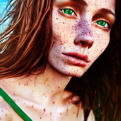 Image similar to portrait of a cute thin young woman, bronze brown hair, eye color is emerald green, red blush, cute freckles, smug smile, modern clothes, relaxing on the beach, golden hour, close up shot, 8 k, art by irakli nadar, hyperrealism, hyperdetailed, ultra realistic