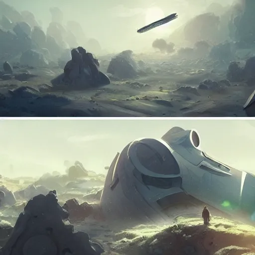 Image similar to the birth of a new revolution. the creation of something large. a spaceship crashed and broken into the unknown planet. in the style of rossdraws, wlop, greg rutkowski, ghibli, arcane from netflix