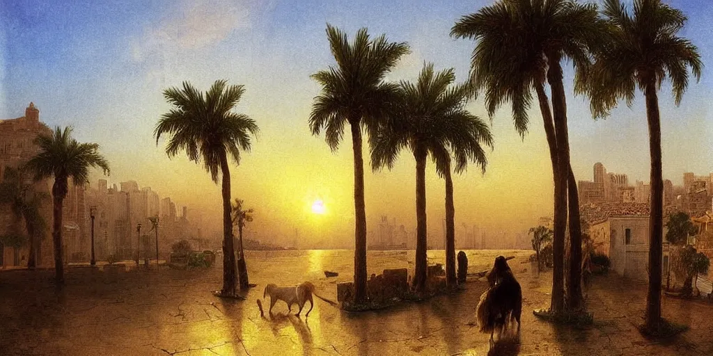 Prompt: golden retriever dog walking in tel aviv street looking at the camera. palm trees. realistic. sunset. high quality. digital art. watercolor. highly detailed. drawing. art. colorful. fluffy art by albert bierstadt