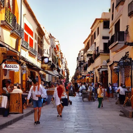 Image similar to a busy side street in valencia, people outside eating meals, taverns nighttime lifestyle, photorealistic