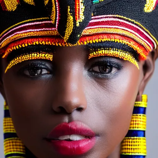 Image similar to african fashion model wearing tribal clothing close up heavy bokeh looking to lens