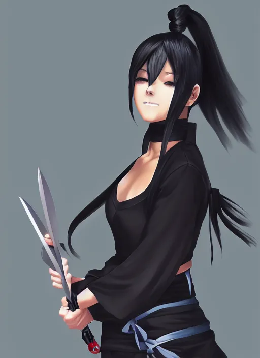 Image similar to portrait of a beautiful anime ninja girl with black ponytail, holding a kunai, digital painting, trending on artstation, deviantart, artgem, perfect composition, ross draws, wlop