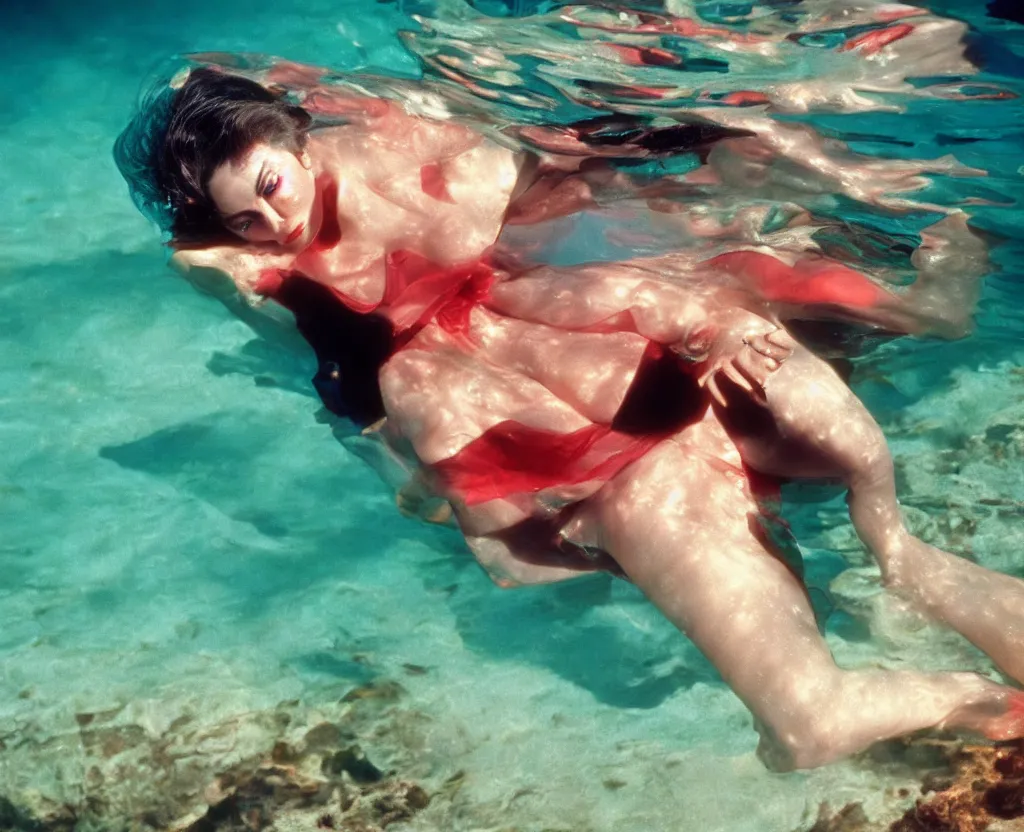 Prompt: a colorful portrait photograph of sensual ava gardner underwater, 1 9 9 0 s, taken by martin parr, saturated color photo, high definition, 8 k,